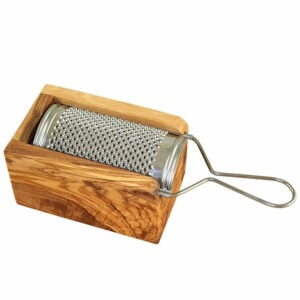 Käsereibe aus Edelstahl mit Schale aus Olivenholz - 26 cm